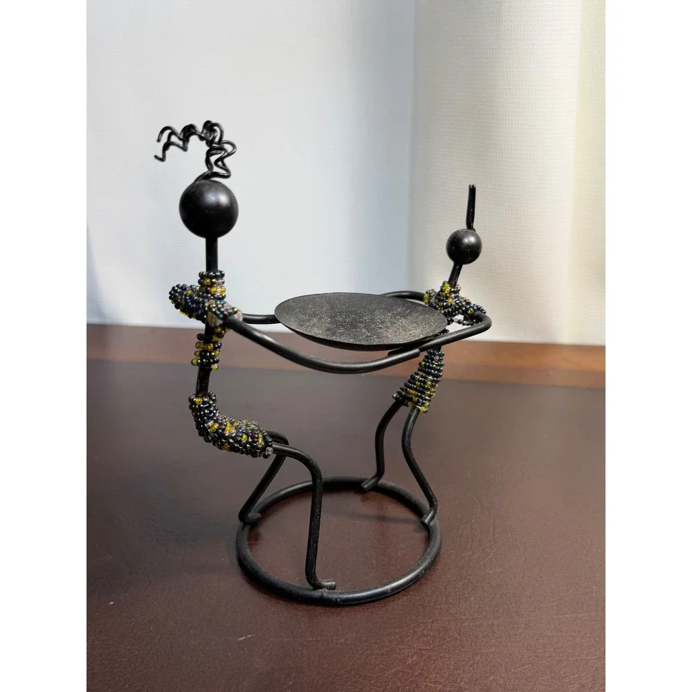 Vintage Wrought Iron Beaded Tribal Figure Candle Holder Black Metal Folk Art